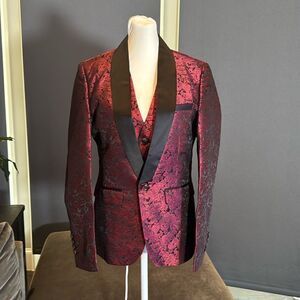 Men’s Boys Burgundy Paisley Slim Fit 3 Piece Tuxedo Size 30 Jacket 29 Pants NWT